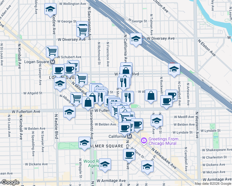 map of restaurants, bars, coffee shops, grocery stores, and more near 2456 North Mozart Street in Chicago