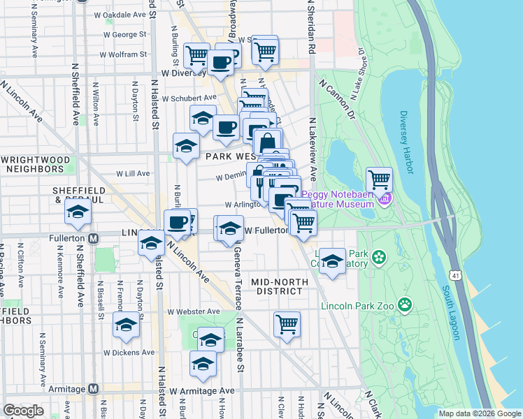 map of restaurants, bars, coffee shops, grocery stores, and more near 519 West Arlington Place in Chicago
