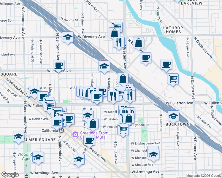 map of restaurants, bars, coffee shops, grocery stores, and more near 2453 North Campbell Avenue in Chicago