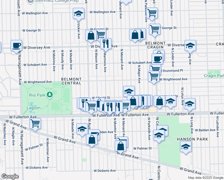 map of restaurants, bars, coffee shops, grocery stores, and more near 2526 North Monitor Avenue in Chicago