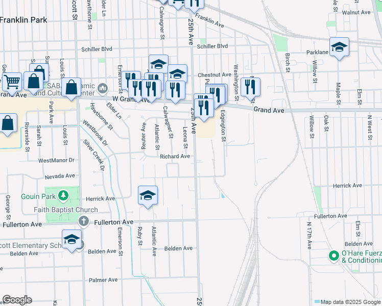 map of restaurants, bars, coffee shops, grocery stores, and more near 9604 Richard Avenue in Franklin Park
