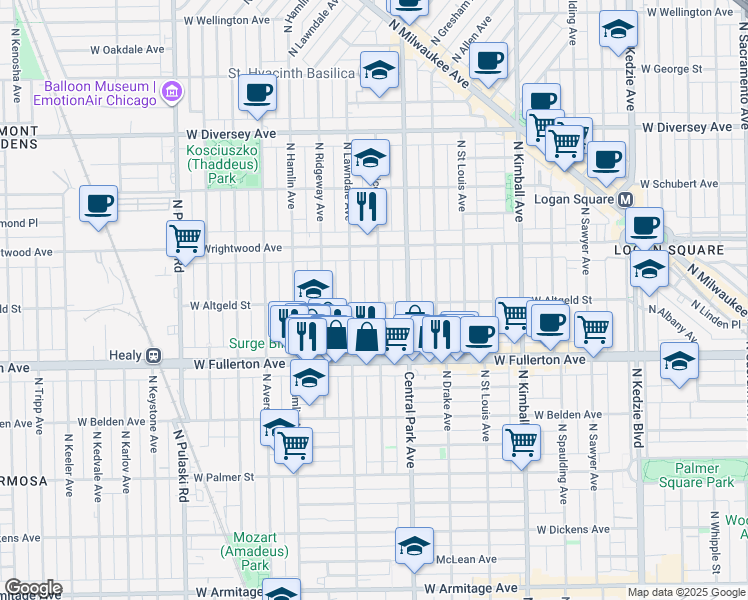 map of restaurants, bars, coffee shops, grocery stores, and more near 2500 North Monticello Avenue in Chicago