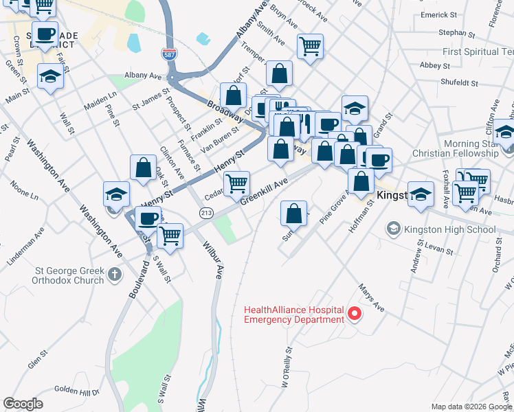 map of restaurants, bars, coffee shops, grocery stores, and more near 100 Greenkill Avenue in Kingston
