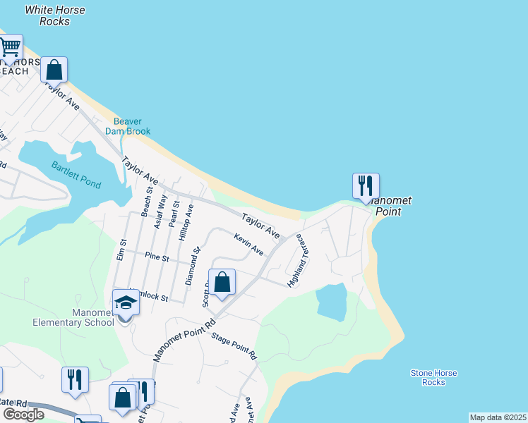 map of restaurants, bars, coffee shops, grocery stores, and more near 171 Manomet Point Road in Plymouth