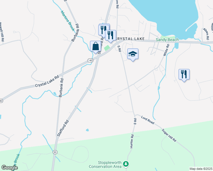 map of restaurants, bars, coffee shops, grocery stores, and more near 6 Sugar Hill Road in Ellington