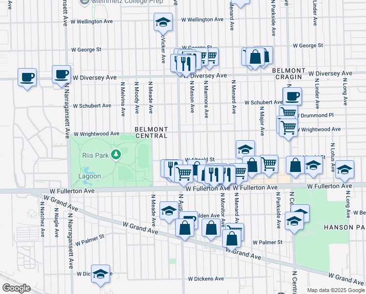 map of restaurants, bars, coffee shops, grocery stores, and more near 2529 North Austin Avenue in Chicago