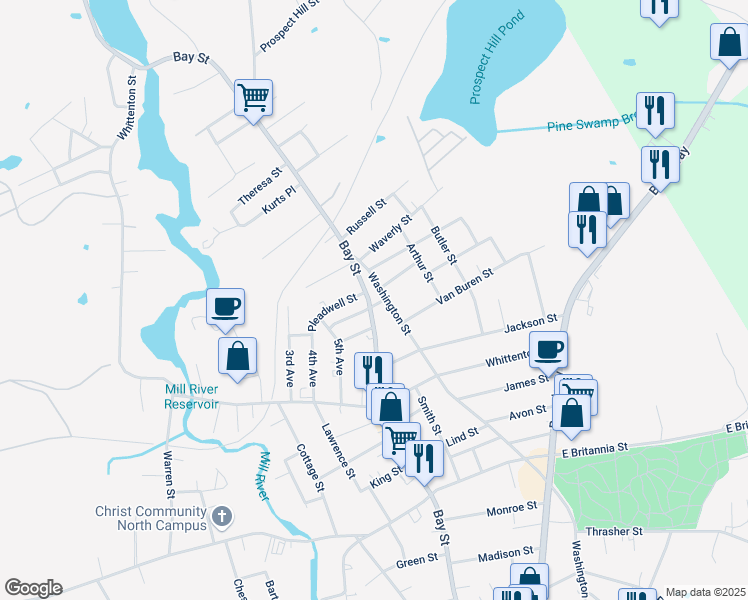 map of restaurants, bars, coffee shops, grocery stores, and more near 557 Bay St in Taunton