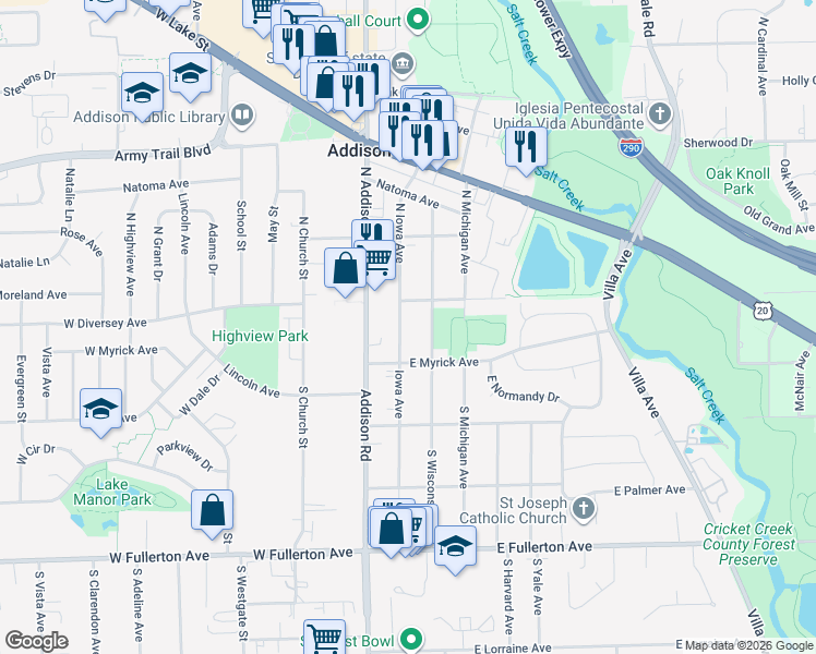 map of restaurants, bars, coffee shops, grocery stores, and more near 19 Iowa Avenue in Addison
