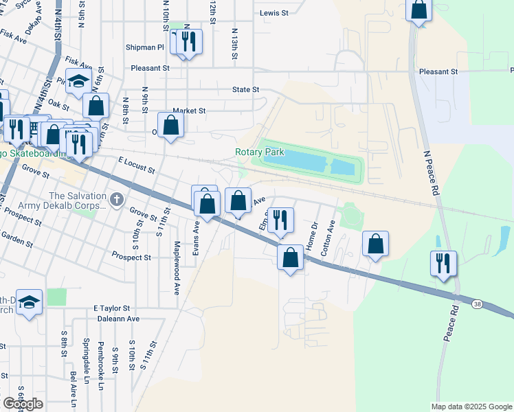 map of restaurants, bars, coffee shops, grocery stores, and more near 150 Dodge Avenue in DeKalb
