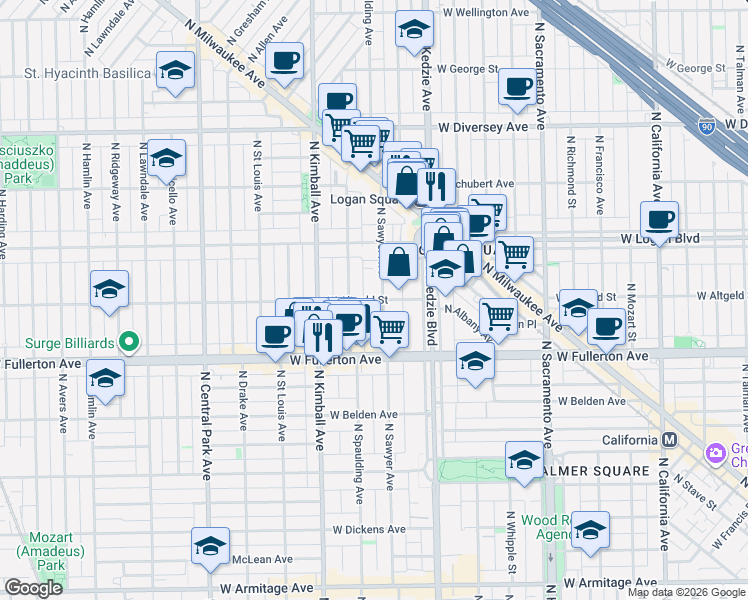 map of restaurants, bars, coffee shops, grocery stores, and more near 3250 West Altgeld Street in Chicago