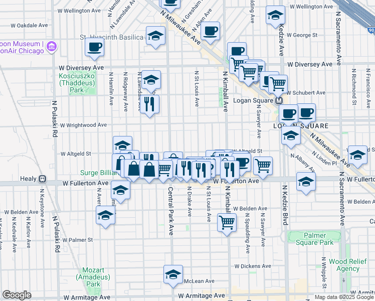 map of restaurants, bars, coffee shops, grocery stores, and more near 3518 West Altgeld Street in Chicago