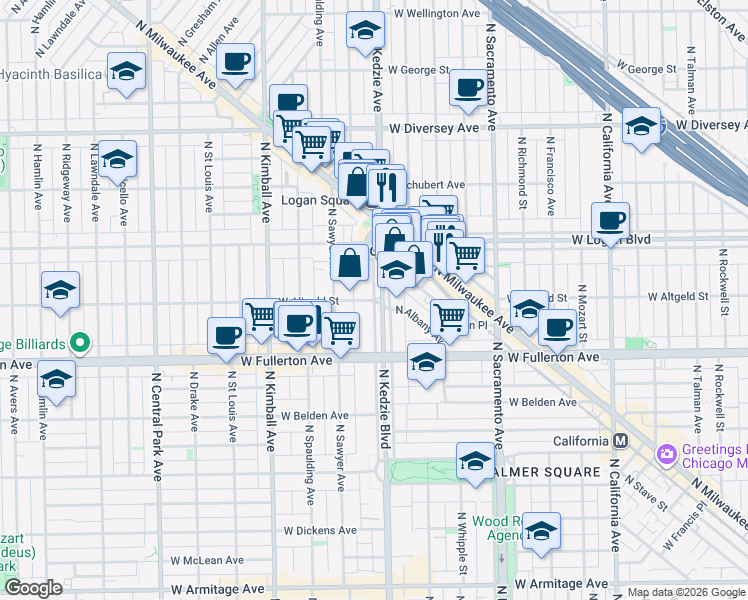 map of restaurants, bars, coffee shops, grocery stores, and more near North Kedzie Avenue & West Altgeld Street in Chicago