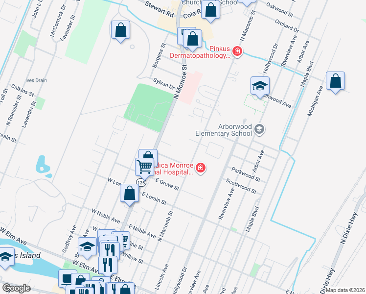 map of restaurants, bars, coffee shops, grocery stores, and more near 721 North Macomb Street in Monroe