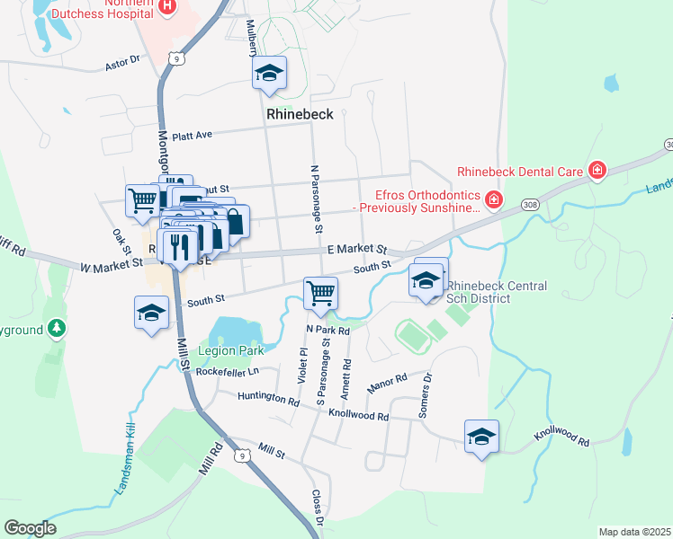 map of restaurants, bars, coffee shops, grocery stores, and more near 55 South Street in Rhinebeck
