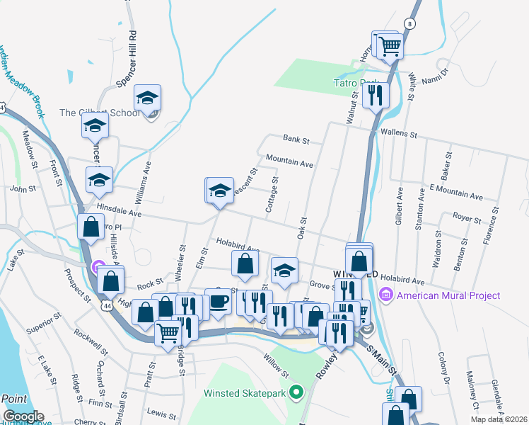 map of restaurants, bars, coffee shops, grocery stores, and more near 12 Cottage Street in Winsted