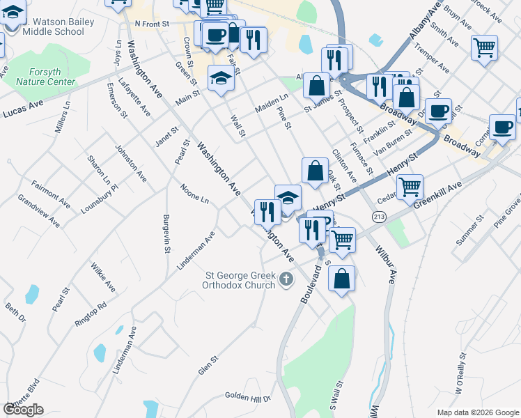 map of restaurants, bars, coffee shops, grocery stores, and more near 80 Washington Avenue in Kingston