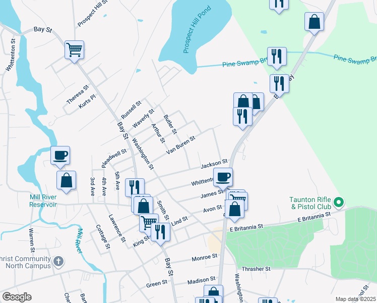 map of restaurants, bars, coffee shops, grocery stores, and more near 11 Wilson Avenue in Taunton