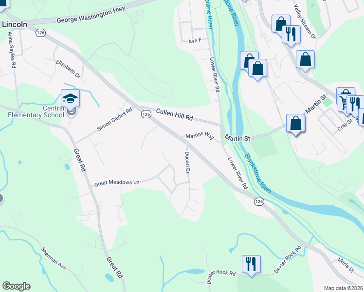 map of restaurants, bars, coffee shops, grocery stores, and more near 62 Old River Road in Lincoln