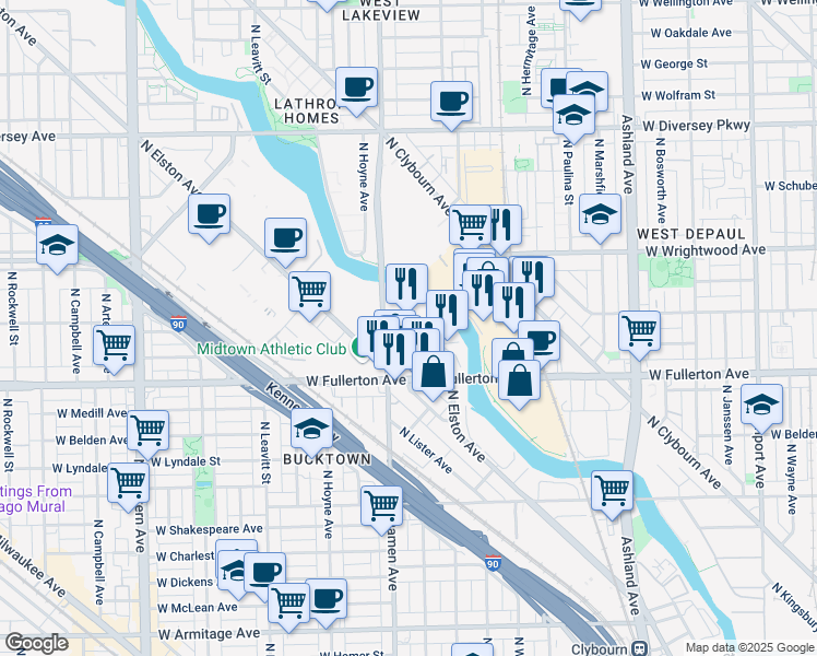 map of restaurants, bars, coffee shops, grocery stores, and more near 2415 North Damen Avenue in Chicago