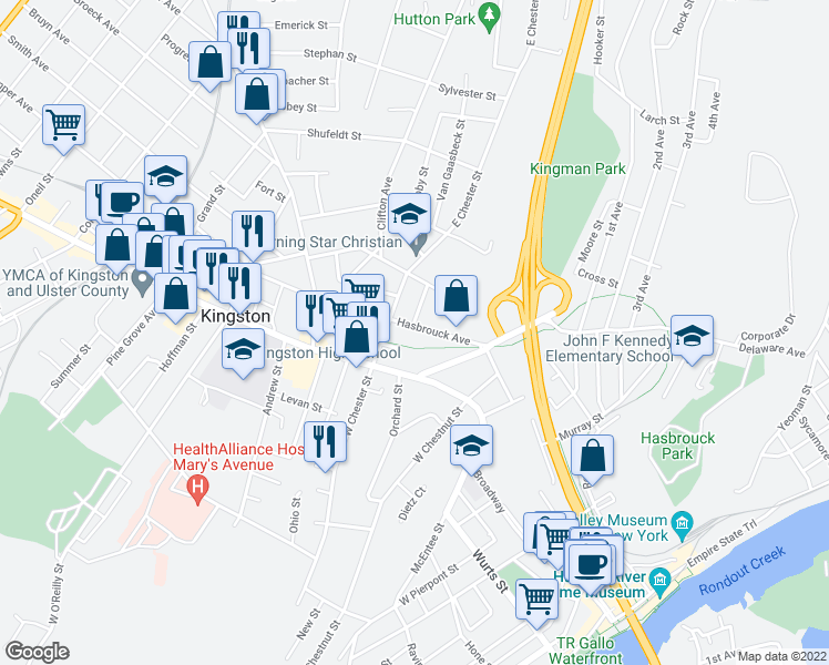 map of restaurants, bars, coffee shops, grocery stores, and more near 301 Hasbrouck Avenue in Kingston
