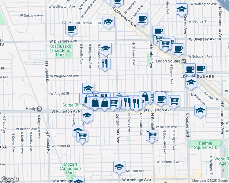 map of restaurants, bars, coffee shops, grocery stores, and more near 2502 North Central Park Avenue in Chicago