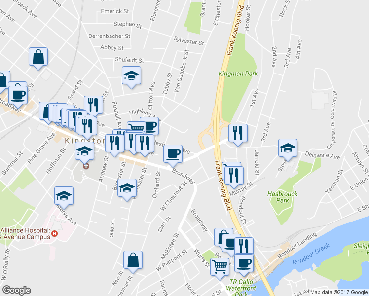map of restaurants, bars, coffee shops, grocery stores, and more near 272 Hasbrouck Avenue in Kingston