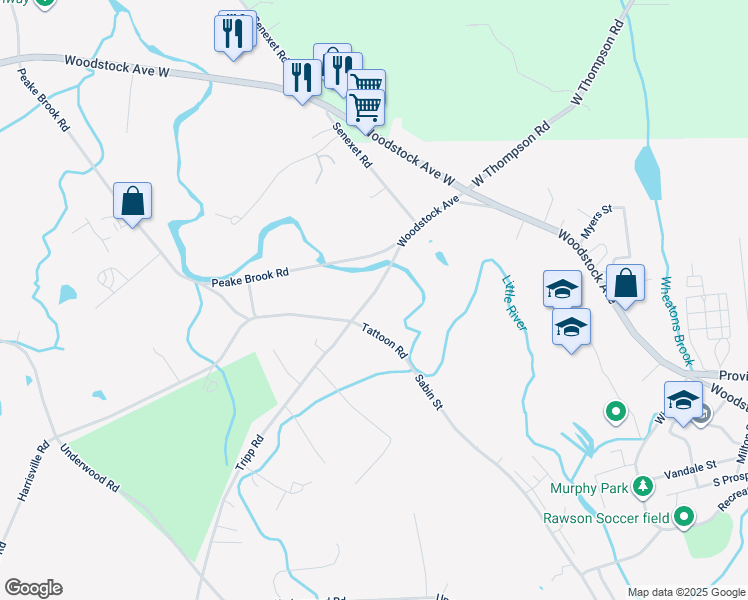 map of restaurants, bars, coffee shops, grocery stores, and more near 243 Harrisville Road in Woodstock