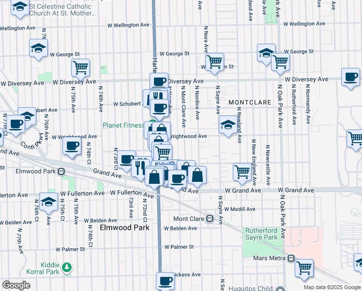map of restaurants, bars, coffee shops, grocery stores, and more near 2540 North Mont Clare Avenue in Chicago