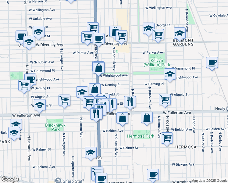 map of restaurants, bars, coffee shops, grocery stores, and more near 2504 North Kilpatrick Avenue in Chicago