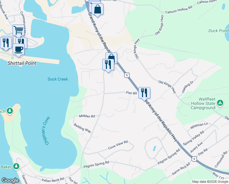 map of restaurants, bars, coffee shops, grocery stores, and more near 45 Pier Road in Wellfleet