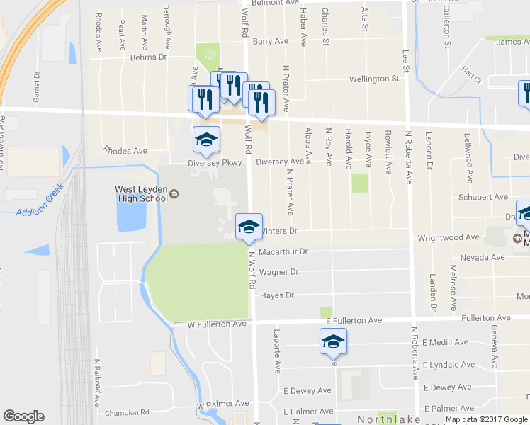 map of restaurants, bars, coffee shops, grocery stores, and more near 812 La Porte Avenue in Melrose Park