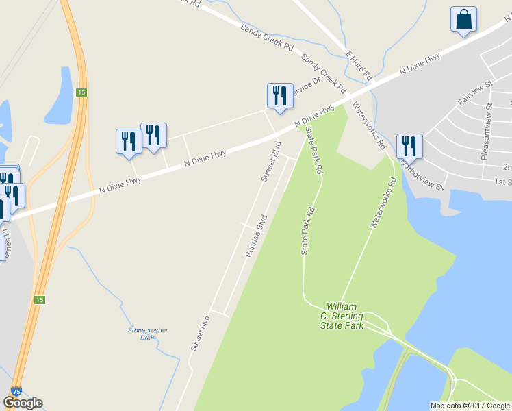 map of restaurants, bars, coffee shops, grocery stores, and more near 1574 Sunset Boulevard in Monroe