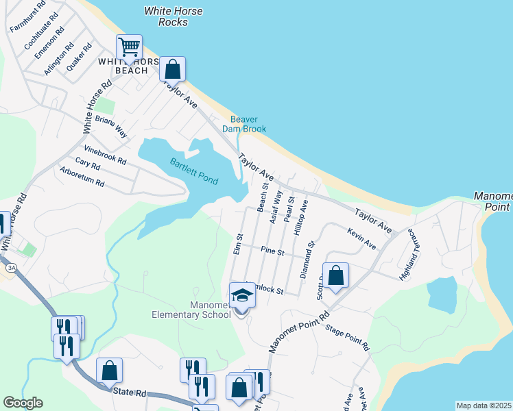 map of restaurants, bars, coffee shops, grocery stores, and more near 23 Beach Street in Plymouth