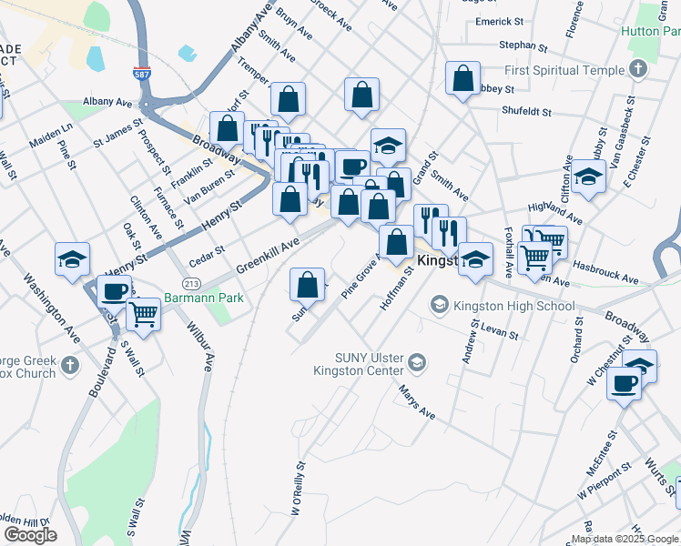 map of restaurants, bars, coffee shops, grocery stores, and more near 16 Susan Street in Kingston