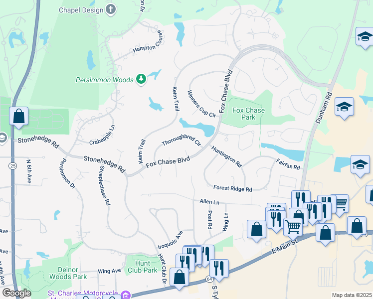 map of restaurants, bars, coffee shops, grocery stores, and more near 1518 Triple Crown Court in St. Charles