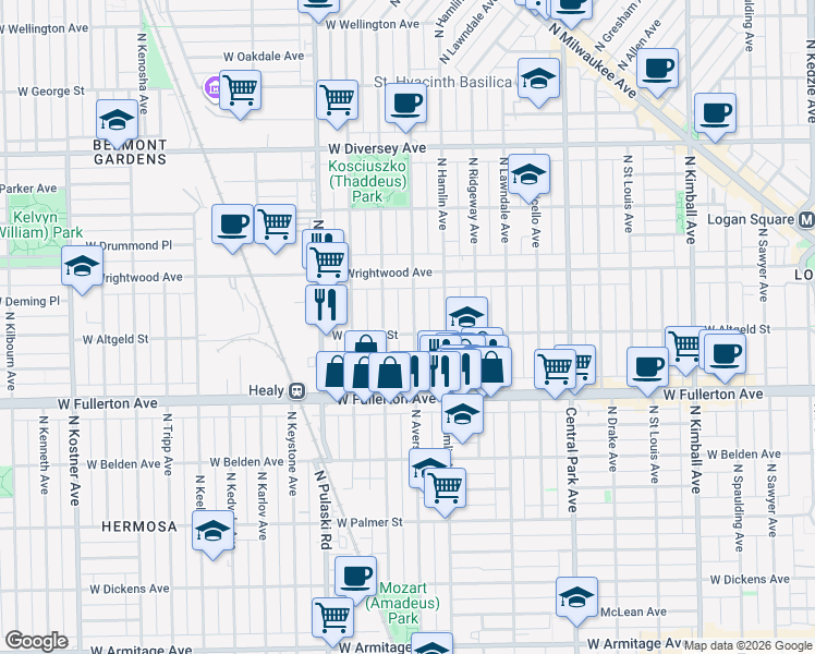 map of restaurants, bars, coffee shops, grocery stores, and more near 2503 North Avers Avenue in Chicago