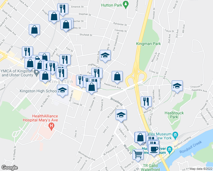 map of restaurants, bars, coffee shops, grocery stores, and more near 303 Hasbrouck Avenue in Kingston