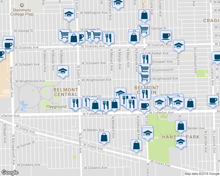 map of restaurants, bars, coffee shops, grocery stores, and more near 2528 North Menard Avenue in Chicago