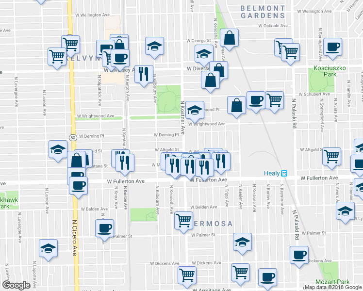 map of restaurants, bars, coffee shops, grocery stores, and more near 4400 West Altgeld Street in Chicago