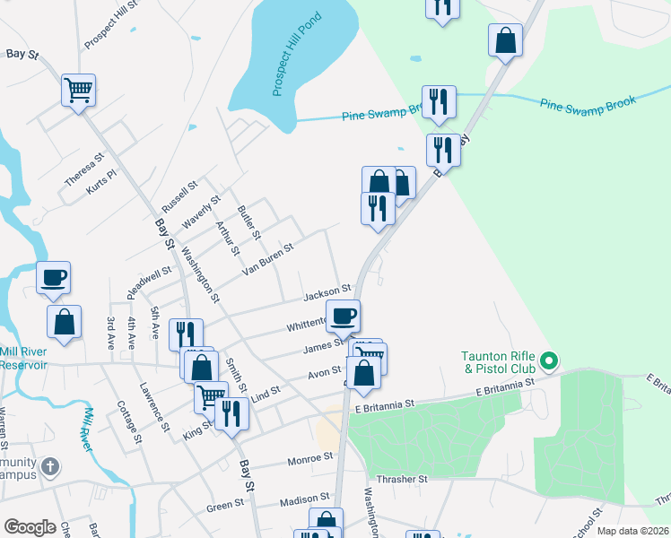 map of restaurants, bars, coffee shops, grocery stores, and more near 25 Vaillancourt Street in Taunton