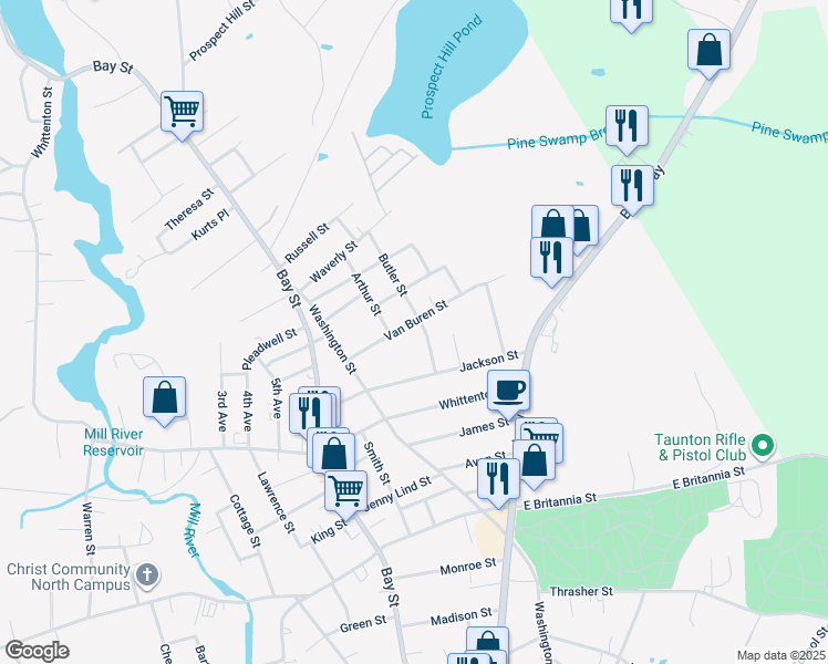 map of restaurants, bars, coffee shops, grocery stores, and more near 11 Wilson Avenue in Taunton