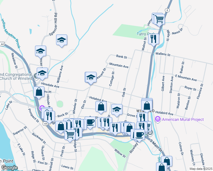 map of restaurants, bars, coffee shops, grocery stores, and more near 39 Wetmore Avenue in Winsted