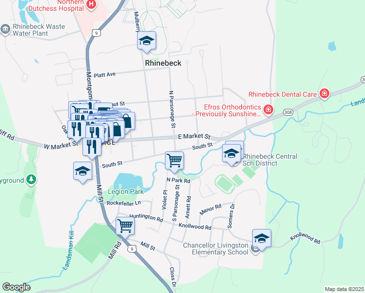 map of restaurants, bars, coffee shops, grocery stores, and more near 55 South Street in Rhinebeck