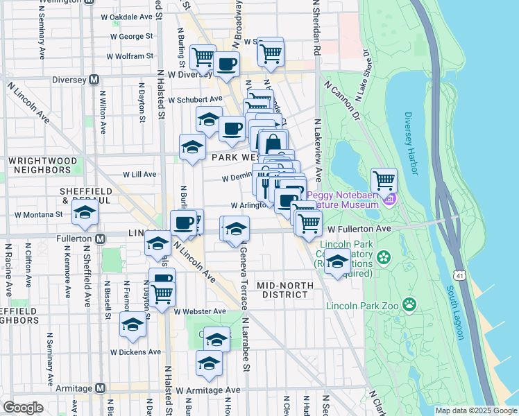map of restaurants, bars, coffee shops, grocery stores, and more near 559 West Arlington Place in Chicago