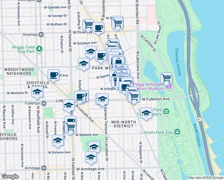 map of restaurants, bars, coffee shops, grocery stores, and more near 559 West Arlington Place in Chicago
