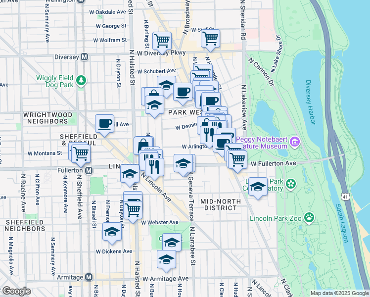 map of restaurants, bars, coffee shops, grocery stores, and more near 623 West Arlington Place in Chicago