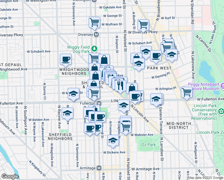 map of restaurants, bars, coffee shops, grocery stores, and more near 2442 North Lincoln Avenue in Chicago