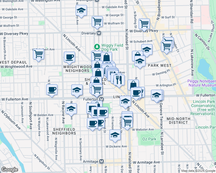 map of restaurants, bars, coffee shops, grocery stores, and more near 956 West Montana Street in Chicago