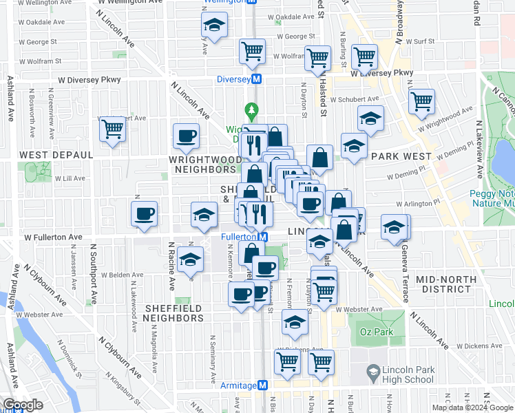 map of restaurants, bars, coffee shops, grocery stores, and more near 956 West Montana Street in Chicago