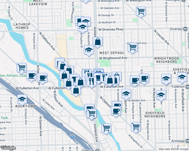 map of restaurants, bars, coffee shops, grocery stores, and more near 2439 North Marshfield Avenue in Chicago